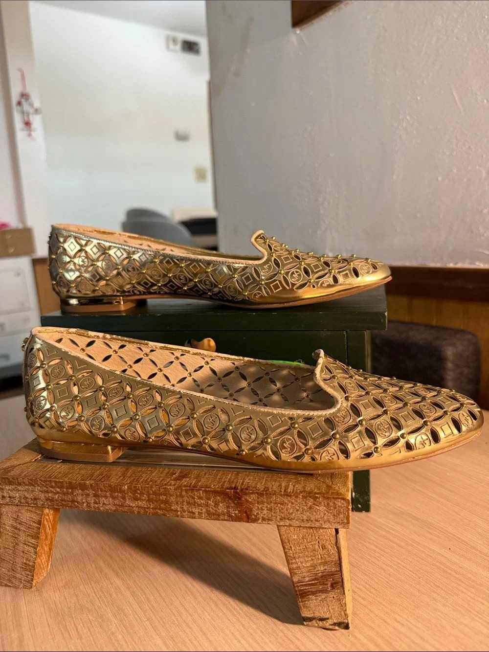 Michael Kors Gabriella Metallic Gold Perforated Logo Flats